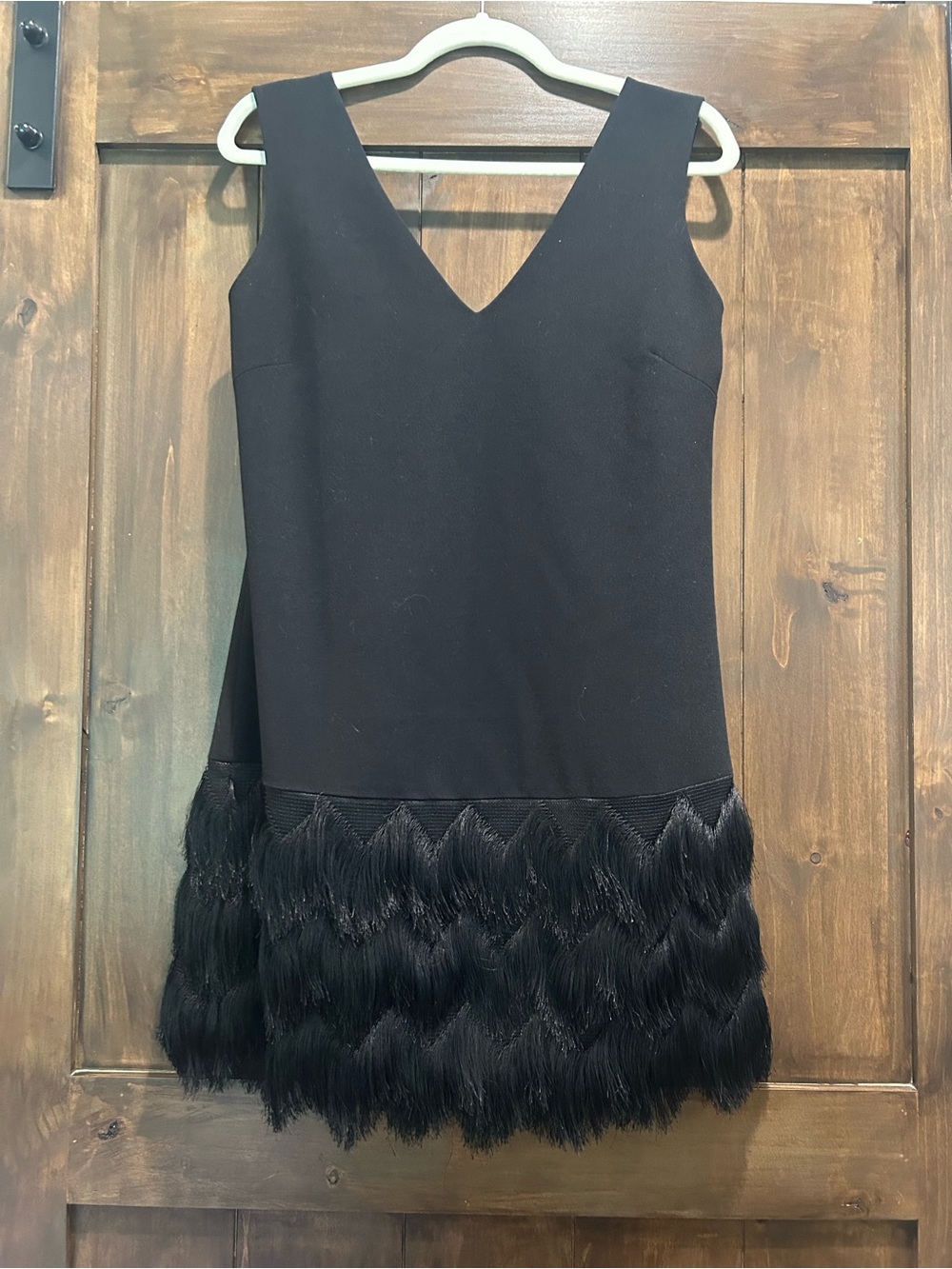 M355 BCBG Black V-Neck Fringe Hem Women's Dress Sz. 10